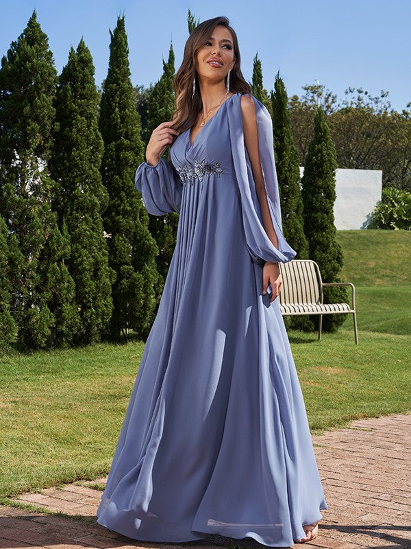 A-Line/Princess Chiffon Applique V-neck Long Sleeves Floor-Length Bridesmaid Dresses