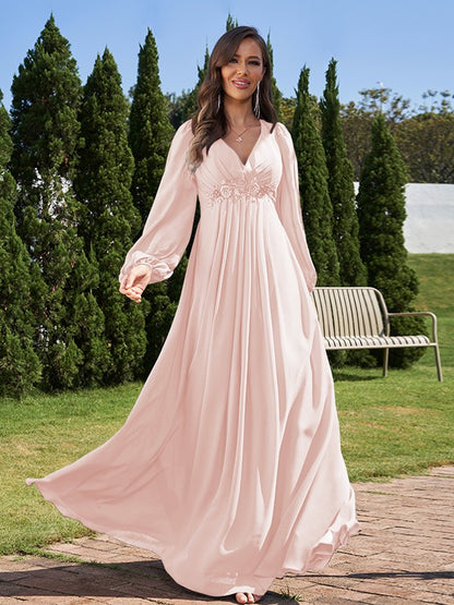 A-Line/Princess Chiffon Applique V-neck Long Sleeves Floor-Length Bridesmaid Dresses