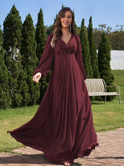 A-Line/Princess Chiffon Applique V-neck Long Sleeves Floor-Length Bridesmaid Dresses