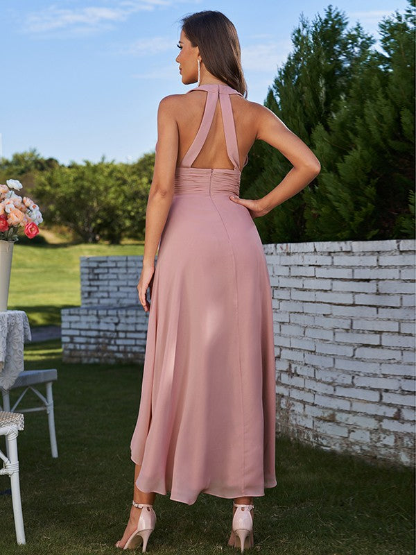 A-Line/Princess Chiffon Ruched V-neck Sleeveless Asymmetrical Bridesmaid Dresses