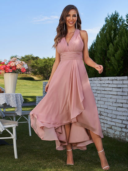 A-Line/Princess Chiffon Ruched V-neck Sleeveless Asymmetrical Bridesmaid Dresses