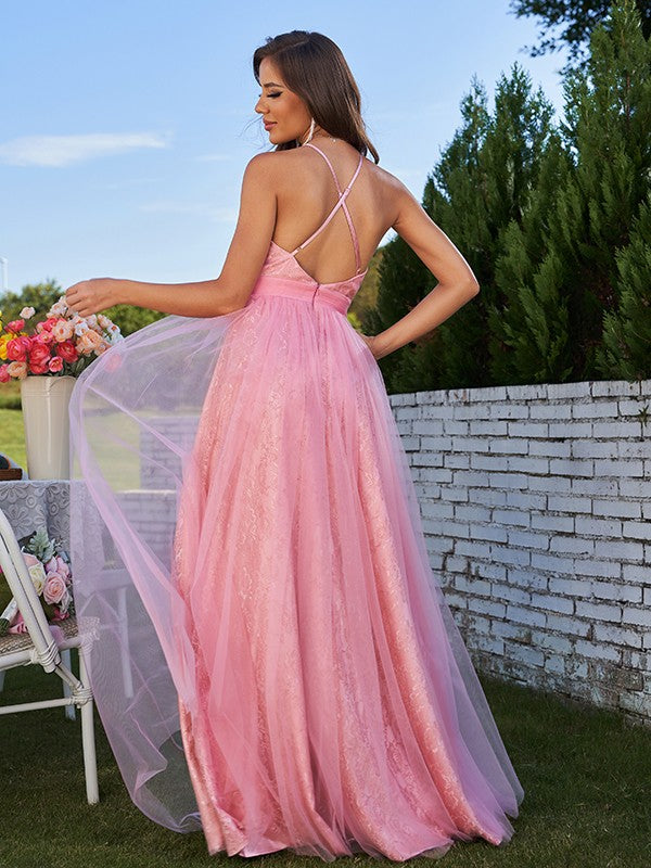 A-Line/Princess Tulle Ruffles Halter Sleeveless Sweep/Brush Train Bridesmaid Dresses