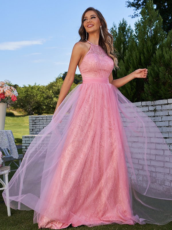 A-Line/Princess Tulle Ruffles Halter Sleeveless Sweep/Brush Train Bridesmaid Dresses