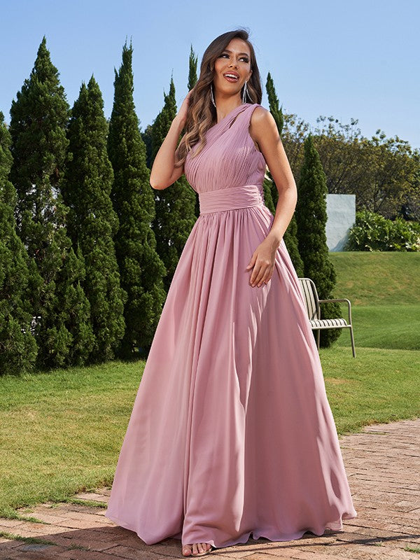 A-Line/Princess Chiffon Ruched One-Shoulder Sleeveless Floor-Length Bridesmaid Dresses