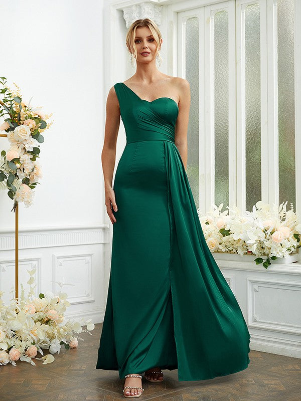 Sheath/Column NS  Woven Satin Ruched One-Shoulder Sleeveless Floor-Length Bridesmaid Dresses