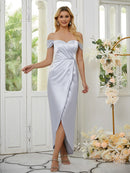 Sheath/Column Silk like Satin Ruched Off-the-Shoulder Sleeveless Ankle-Length Bridesmaid Dresses