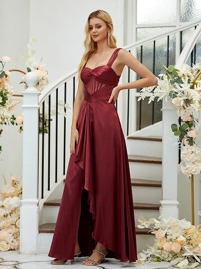 A-Line/Princess  Woven Satin Ruched Straps Sleeveless Asymmetrical Bridesmaid Dresses