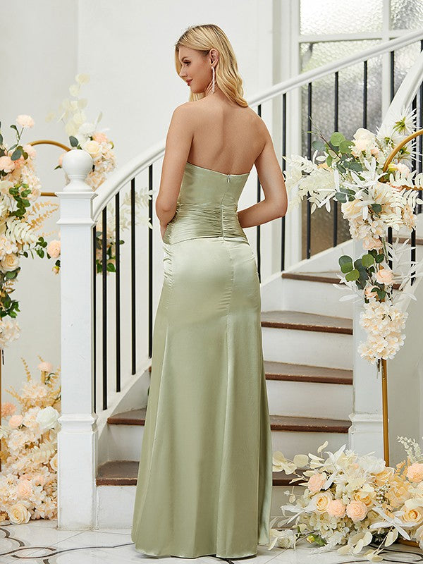 Sheath/Column Silk like Satin Ruched Sweetheart Sleeveless Floor-Length Bridesmaid Dresses