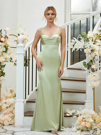 Sheath/Column Silk like Satin Ruched V-neck Sleeveless Floor-Length Bridesmaid Dresses