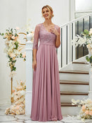 A-Line/Princess Chiffon Lace V-neck 3/4 Sleeves Floor-Length Bridesmaid Dresses