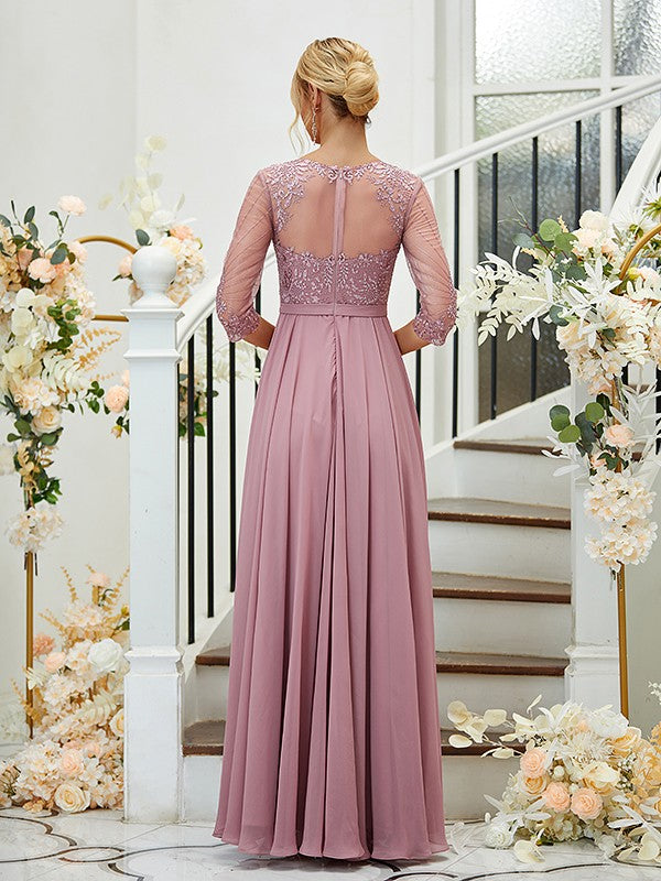 A-Line/Princess Chiffon Lace V-neck 3/4 Sleeves Floor-Length Bridesmaid Dresses