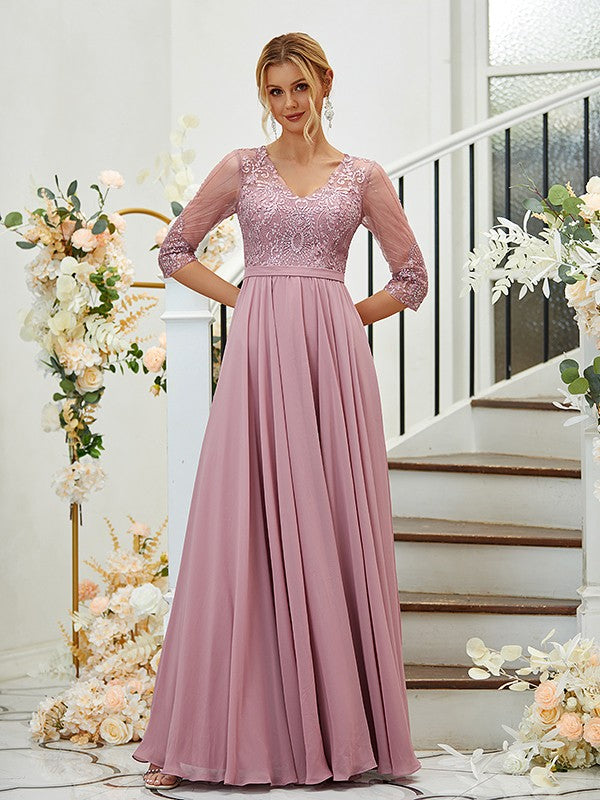 A-Line/Princess Chiffon Lace V-neck 3/4 Sleeves Floor-Length Bridesmaid Dresses