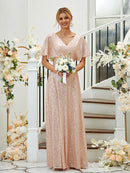 A-Line/Princess Ruched V-neck Short Sleeves Floor-Length Bridesmaid Dresses