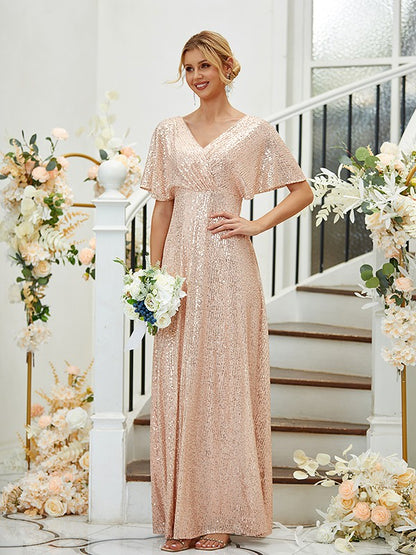 A-Line/Princess Ruched V-neck Short Sleeves Floor-Length Bridesmaid Dresses