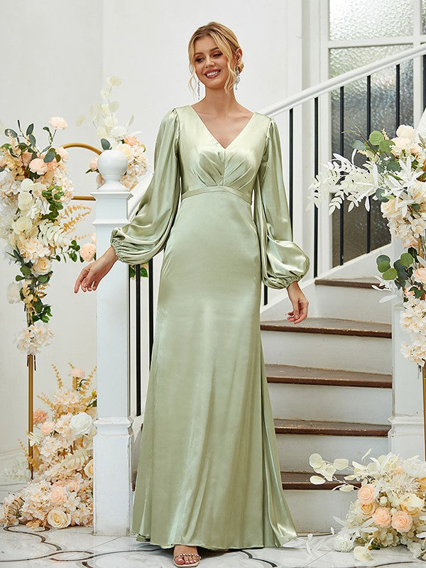 Sheath/Column Silk like Satin Ruched V-neck Long Sleeves Floor-Length Bridesmaid Dresses