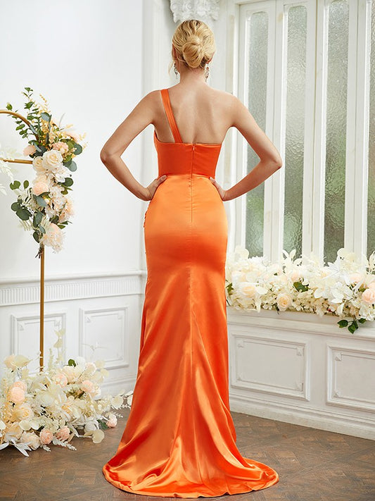 Sheath/Column  Woven Satin Ruched One-Shoulder Sleeveless Sweep/Brush Train Bridesmaid Dresses