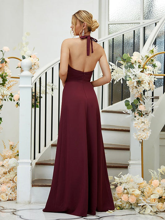 A-Line/Princess Stretch Crepe Ruched Halter Sleeveless Floor-Length Bridesmaid Dresses