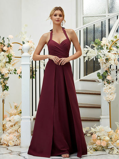 A-Line/Princess Stretch Crepe Ruched Halter Sleeveless Floor-Length Bridesmaid Dresses