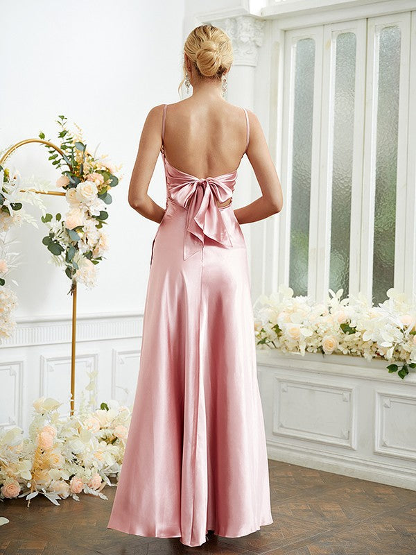 Sheath/Column  Woven Satin Ruched Spaghetti Straps Sleeveless Floor-Length Bridesmaid Dresses