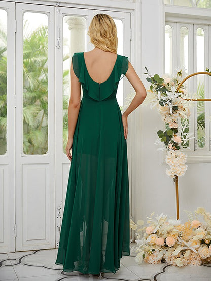 A-Line/Princess Chiffon Ruched V-neck Sleeveless Asymmetrical Bridesmaid Dresses