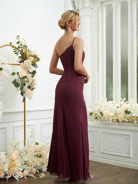 Sheath/Column Chiffon Ruched One-Shoulder Sleeveless Floor-Length Bridesmaid Dresses