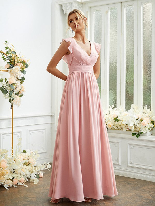 A-Line/Princess Chiffon Ruched V-neck Sleeveless Floor-Length Bridesmaid Dresses