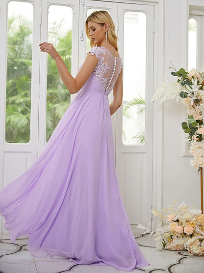 A-Line/Princess Chiffon Applique Scoop Short Sleeves Floor-Length Bridesmaid Dresses