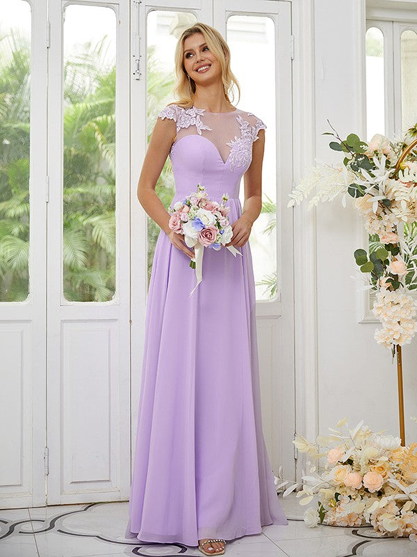 A-Line/Princess Chiffon Applique Scoop Short Sleeves Floor-Length Bridesmaid Dresses