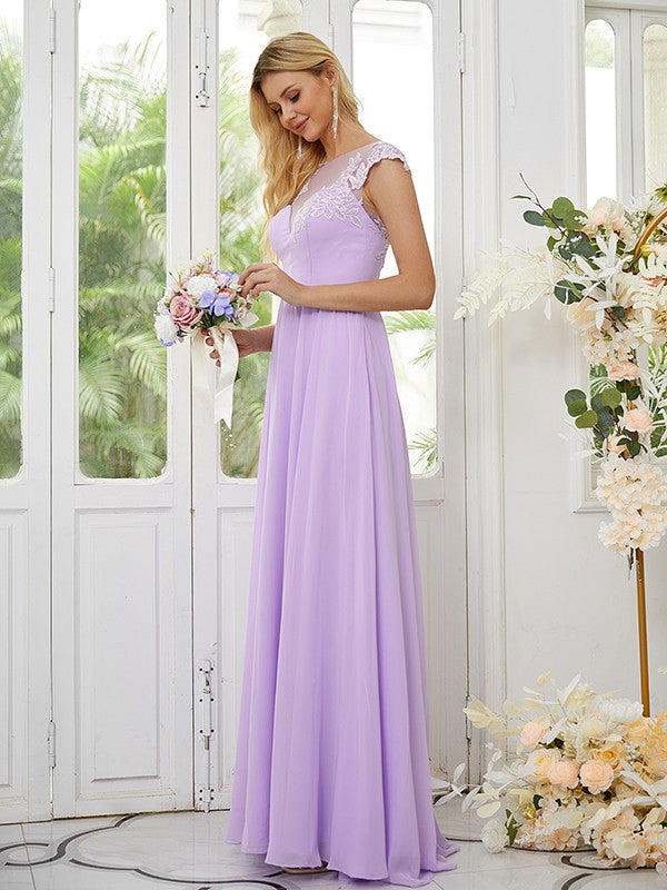 A-Line/Princess Chiffon Applique Scoop Short Sleeves Floor-Length Bridesmaid Dresses