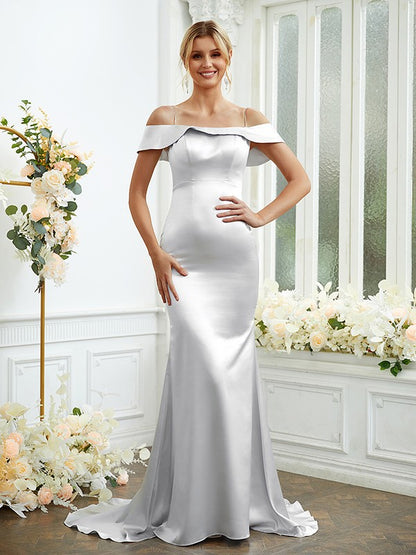 Sheath/Column  Woven Satin Spaghetti Straps Sleeveless Sweep/Brush Train Bridesmaid Dresses