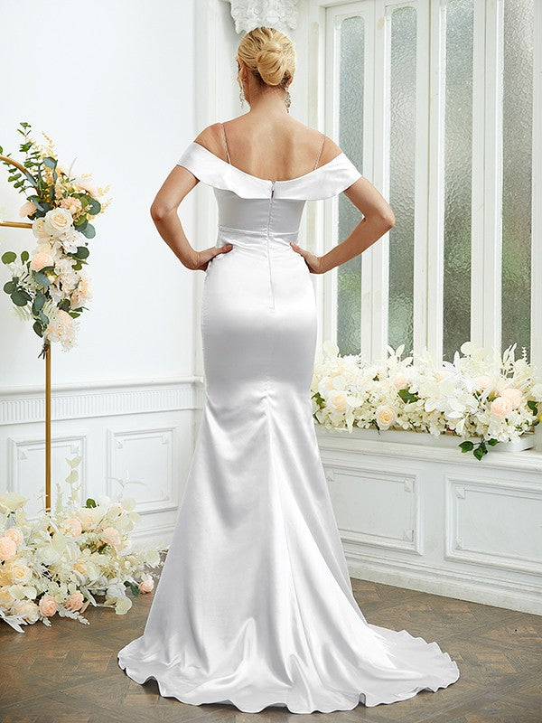 Sheath/Column  Woven Satin Spaghetti Straps Sleeveless Sweep/Brush Train Bridesmaid Dresses