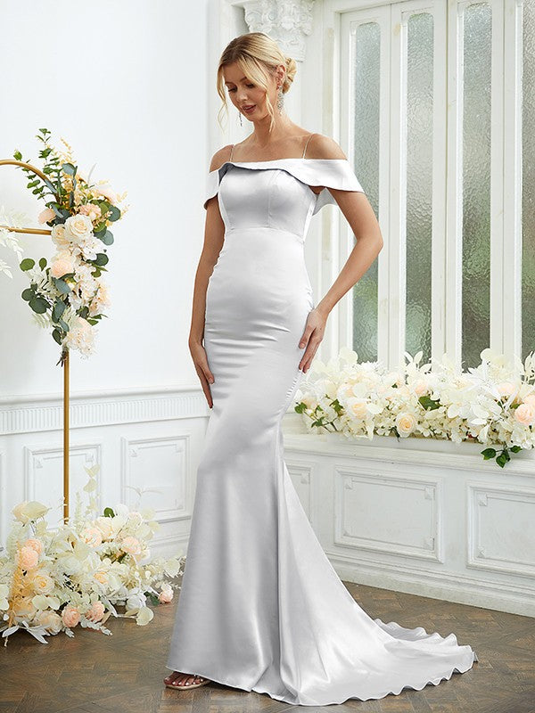 Sheath/Column  Woven Satin Spaghetti Straps Sleeveless Sweep/Brush Train Bridesmaid Dresses