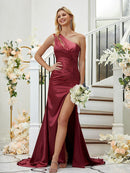 Sheath/Column  Woven Satin Ruched One-Shoulder Sleeveless Sweep/Brush Train Bridesmaid Dresses