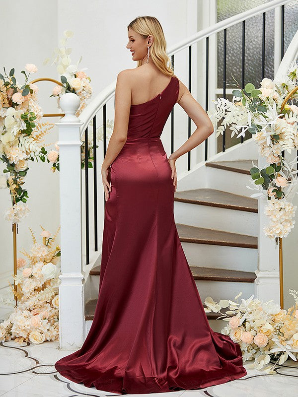 Sheath/Column  Woven Satin Ruched One-Shoulder Sleeveless Sweep/Brush Train Bridesmaid Dresses