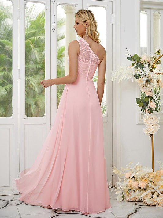 A-Line/Princess Chiffon Lace One-Shoulder Sleeveless Floor-Length Bridesmaid Dresses