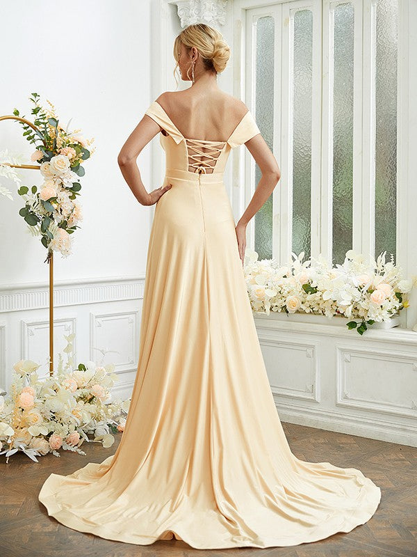 A-Line/Princess Jersey Ruched Off-the-Shoulder Sleeveless Court Train Bridesmaid Dresses