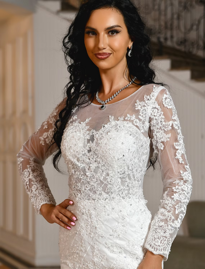 Royal Style Formal Wedding Dresses Sweep / Brush Train Mermaid / Trumpet Long Sleeve Scoop Neck Lace With Beading Appliques