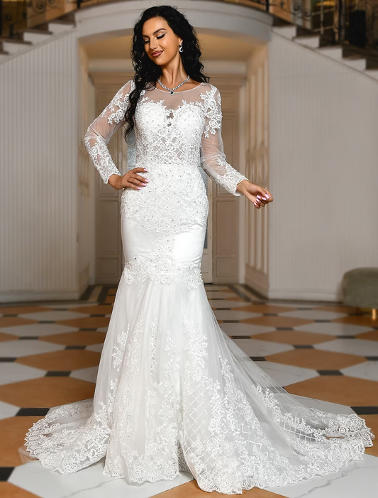 Royal Style Formal Wedding Dresses Sweep / Brush Train Mermaid / Trumpet Long Sleeve Scoop Neck Lace With Beading Appliques