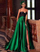 A-Line Evening Gown Corsets Dress Masquerade Floor Length Sleeveless Spaghetti Strap Satin with Appliques