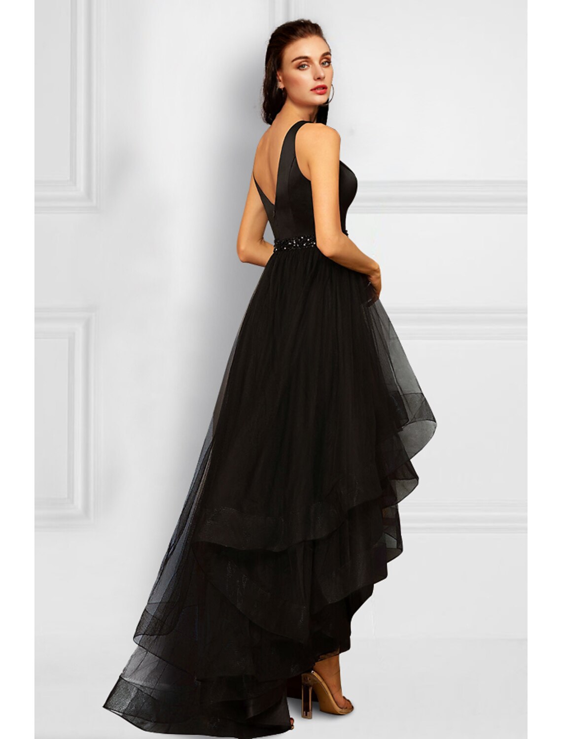 A-Line Cocktail Dresses Elegant Dress Party Wear Wedding Party Asymmetrical Sleeveless V Neck Organza with Rhinestone Ruffles