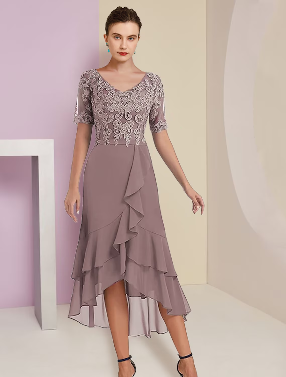 Two Piece A-Line Mother of the Bride Dress Formal Wedding Guest Elegant High Low V Neck Asymmetrical Tea Length Chiffon Lace Short Sleeve 3/4 Length Sleeve Wrap Included with Appliques