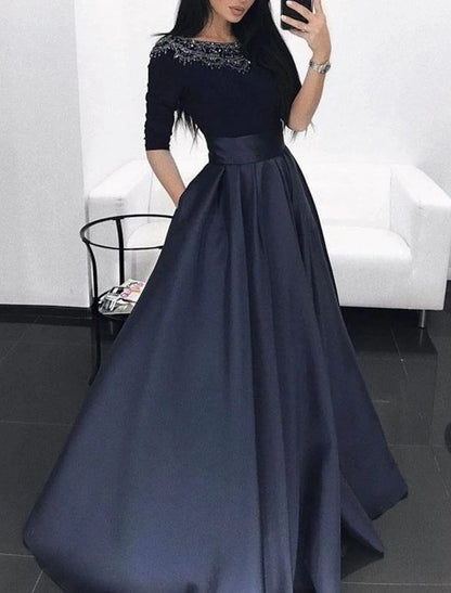 Ball Gown Evening Gown Minimalist Dress Quinceanera Formal Evening Floor Length Half Sleeve Illusion Neck Fall Wedding Guest Satin with Pleats Lace Insert