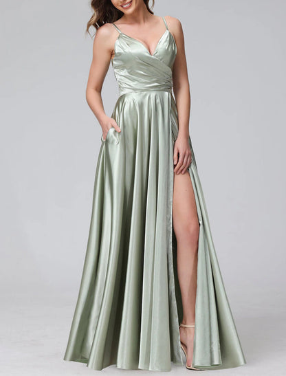 A-Line Bridesmaid Dress Spaghetti Strap Sleeveless Elegant Floor Length Satin with Split Front / Ruching