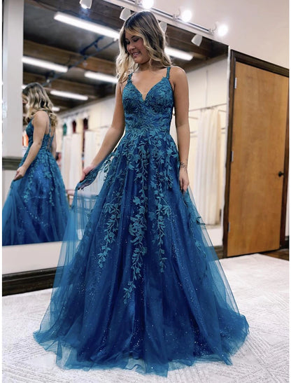 Ball Gown A-Line Prom Dresses Sparkle & Shine Dress Formal Wedding Party Floor Length Sleeveless V Neck Tulle Backless with Glitter Appliques