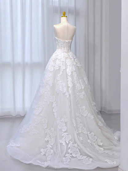 Formal Dress A-Line Tulle Lace Sweep Train Long Dress Wedding Dress