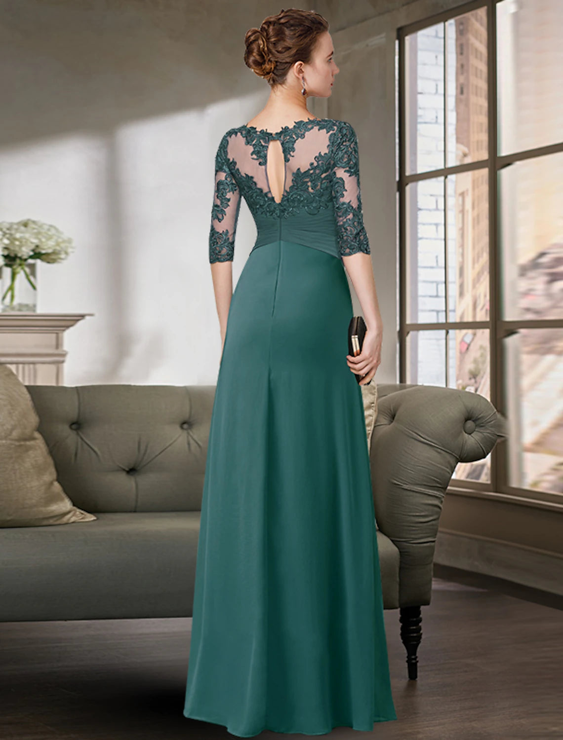 Sheath / Column Mother of the Bride Dress Simple Elegant Jewel Neck Floor Length Chiffon Lace Half Sleeve with Pleats Solid Color