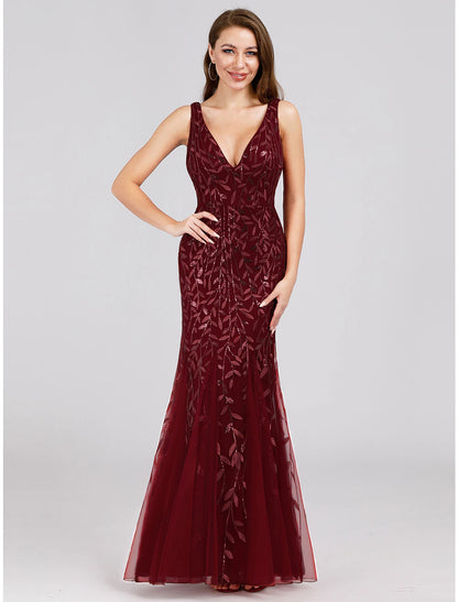 Mermaid / Trumpet Sparkle Sexy Prom Formal Evening Valentine's Day Dress V Neck V Back Sleeveless Floor Length Tulle with Sequin Appliques