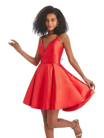 A-Line Homecoming Dresses Backless Dress Holiday Birthday Short / Mini Sleeveless V Neck Satin with Pleats