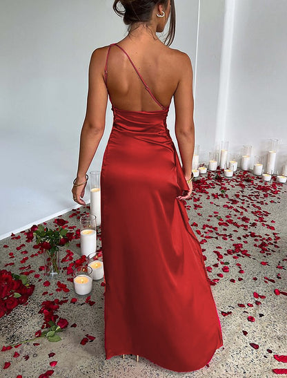 Mermaid / Trumpet Evening Gown Backless Dress Formal Wedding Guest Floor Length Sleeveless One Shoulder Polyester Backless with Ruched Slit