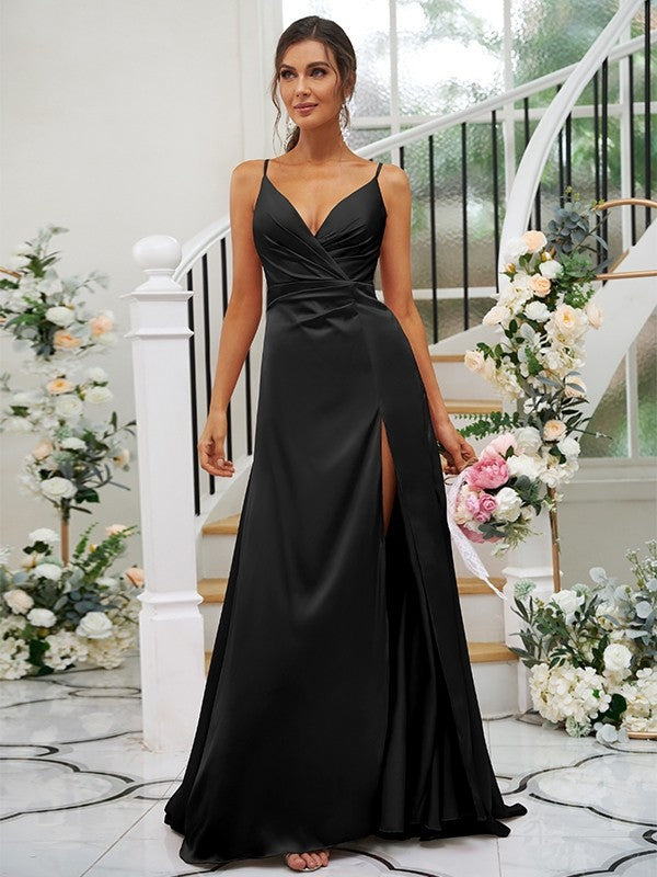 A-Line/Princess Silk like Satin Ruched V-neck Sleeveless Floor-Length Bridesmaid Dresses